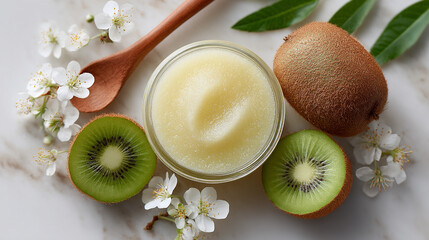 Overhead shot of kiwi fruit halves, a jar of cream, blossoms, and a wooden spoon on marble surface