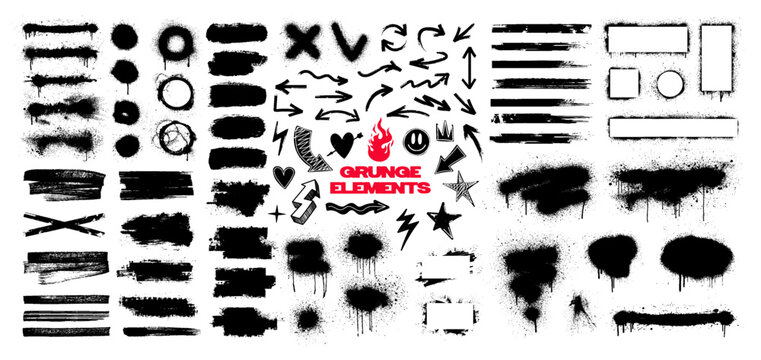 Decorative grunge set with brush lines, strokes, highlighters, graffiti spray stains, splatter marks, dirty texture, sketch, arrows and doodles. Callouts grunge with splashes. Vector graphic box