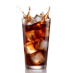 cola with ice, glass of cola splashed with ice 