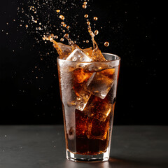 cola with ice, glass of cola splashed with ice 