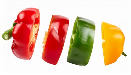 flying sliced red green and yellow peppers isolated on white and white background