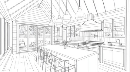 Architectural sketch of a modern farmhouse kitchen.