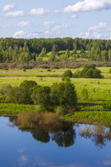 Tranquil summer landscape featuring green fields and reflective river water