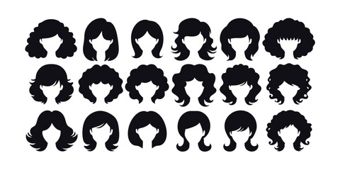 Naklejka premium vector collection of stylish female wig and hairstyle silhouettes. Includes short, long, straight, curly, wavy, and afro textures. Perfect for beauty, fashion, salon, and hair design projects.