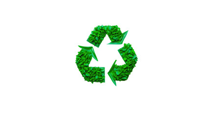 Photo of recycling symbol made entirely out of green leaves isolated on transparent background
