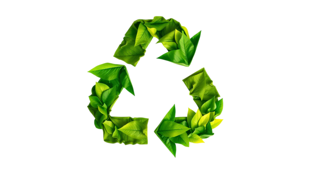 Photo of recycling symbol made entirely out of green leaves isolated on transparent background