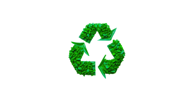 Photo of recycling symbol made entirely out of green leaves isolated on transparent background