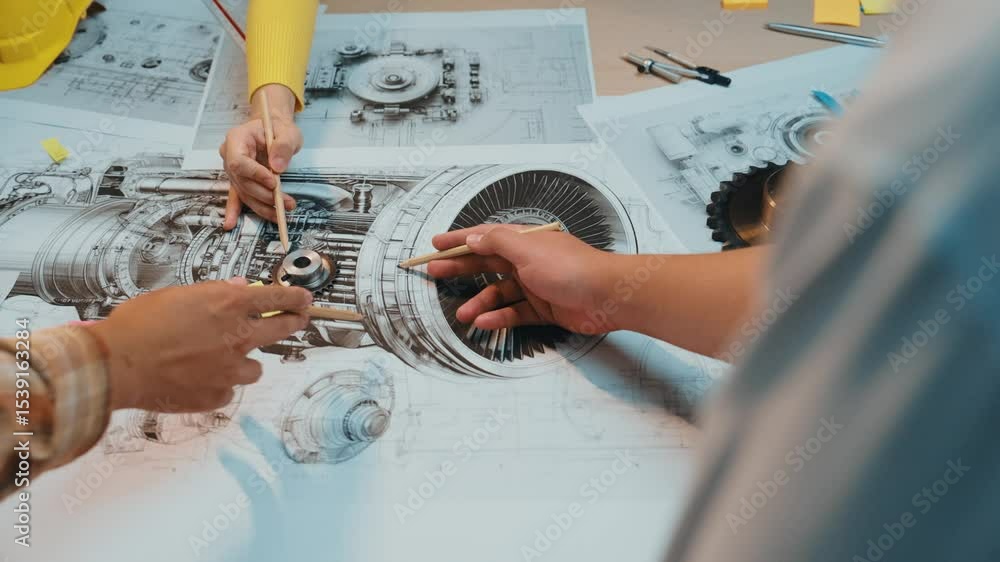 Poster engineers collaborate over detailed blueprints of an engine in a modern workshop, emphasizing teamwo