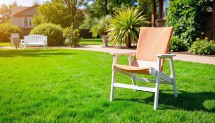 Modern wooden chair on green lawn in sunny outdoor garden  
