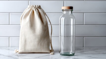 Minimalist Glass Jar and Fabric Bag in Modern Kitchen Setting