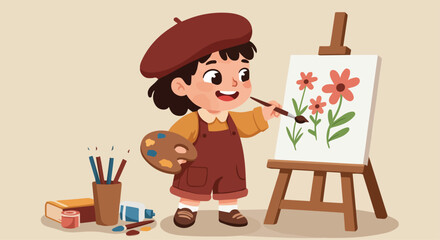 Young child painting flowers on an easel with a palette and brushes