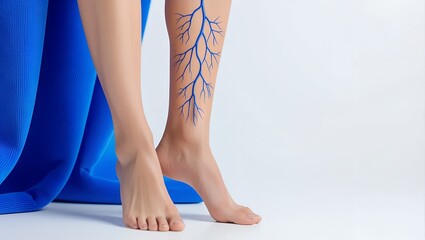 Human legs with blue vascular system illustration. Concept of blood circulation, vein anatomy, varicose veins, and medical education. Isolated on white background. Health and physiology theme.