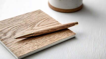 Wooden pen on a wooden surface, elegant stationery setup, creative work desk styling, Generative Ai
