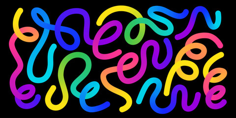 Funky gradient organic line pattern with colorful wavy swirl shapes on black background - vibrant rainbow curved elements for modern abstract graphic design. Squiggle waved curly ribbon bg.