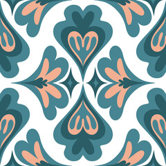Seamless retro floral pattern with stylized teal and coral elements on a clear background. Perfect for textiles, fabric prints, packaging, wallpaper, and digital projects. Elegant ornamental motif
