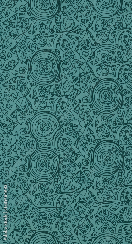 Poster Teal abstract pattern with intricate leaf and circle motifs, showcasing a textured, artistic design ideal for textile prints or background imagery