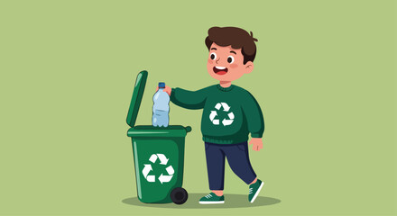 Boy recycling plastic bottle into a green recycling bin