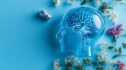 A conceptual image showcasing a translucent brain sculpture surrounded by vibrant flowers on a soft blue background, symbolizing creativity and mental health.