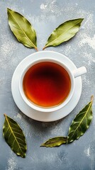 A cozy cup of tea surrounded by fresh bay leaves, presenting a harmonious blend of nature and relaxation perfect for tea lovers and culinary enthusiasts alike.