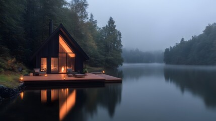 Fototapeta premium A frame cabin on still lake at sunset, soft misty forest in background, glowing warm interior lighting, peaceful wilderness retreat with mirrored reflection