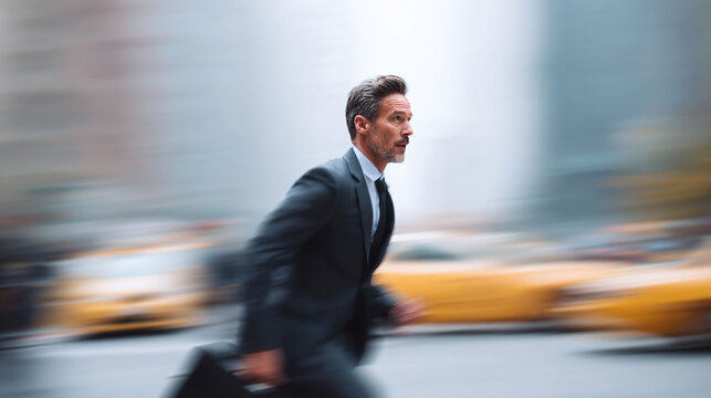 Urgency captured. Dynamic shot of a businessman running through a city. Perfect for illustrating speed, ambition, time pressure, or a fastpaced lifestyle.