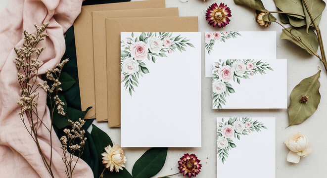 Floral wedding stationery mockup featuring blank cards, envelopes, and dried flowers, showcasing elegant design and free space for text or branding, ideal for wedding announcements or invitations