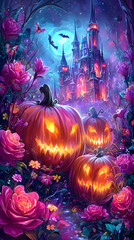 Halloween background with pumpkins. Spooky horror scene. Jack-o-lantern conceptual holiday background design