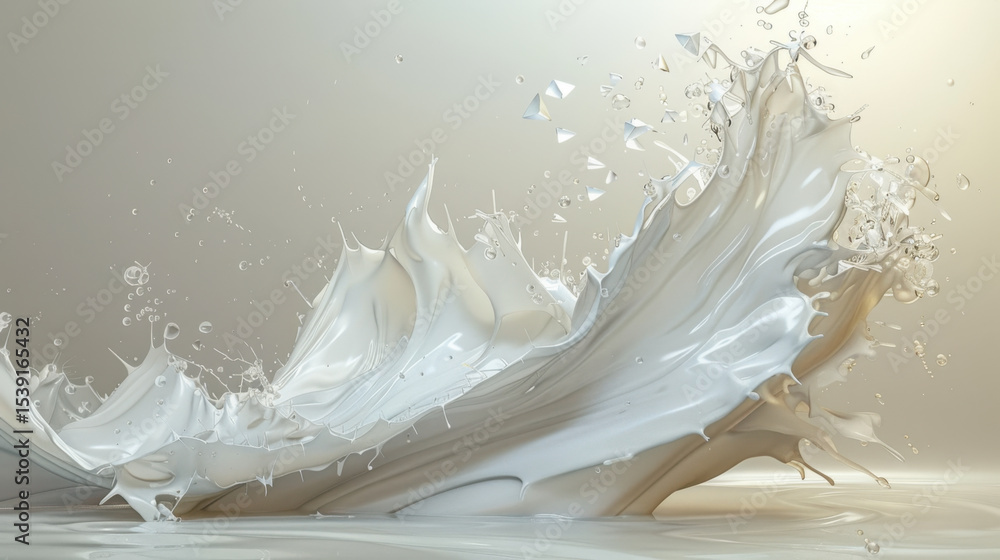 Poster dynamic splash of liquid with geometric shards creating artistic wave, evoking sense of fluidity and