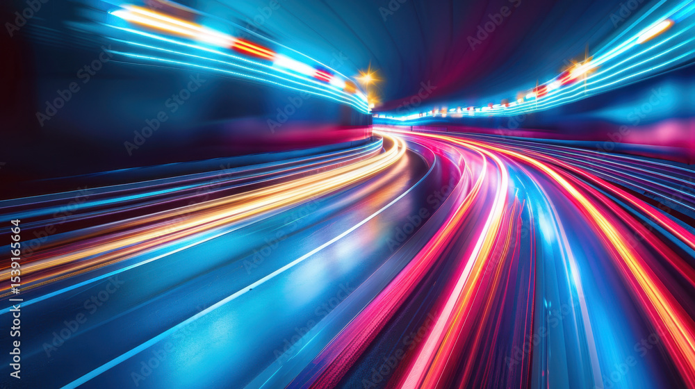 Poster vibrant electric tunnel with neon lights creating abstract motion and dynamic energy, showcasing col