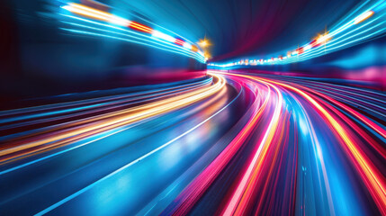 Vibrant electric tunnel with neon lights creating abstract motion and dynamic energy, showcasing colorful light trails in dark environment