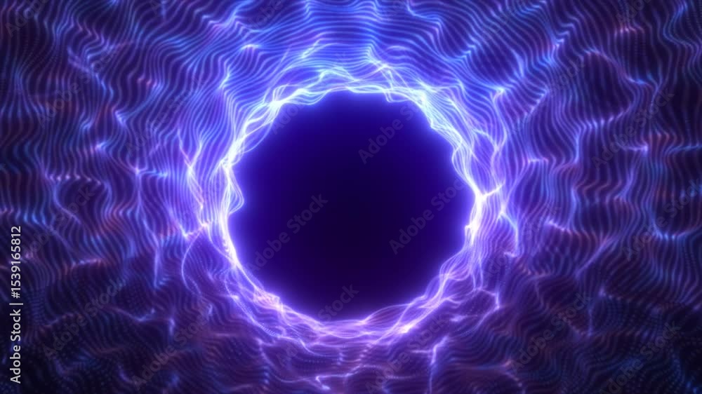 Poster centrally framed purple light vortex with glowing waveforms radiating outward in a symmetrical abstr