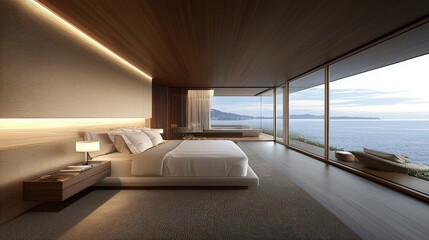Modern bedroom with expansive ocean views.