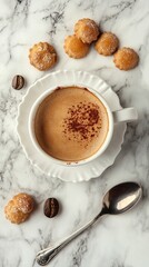 Delight in a serene coffee moment featuring a cup of aromatic espresso topped with cocoa, surrounded by sweet treats. Perfect for cozy scenes and culinary inspiration.