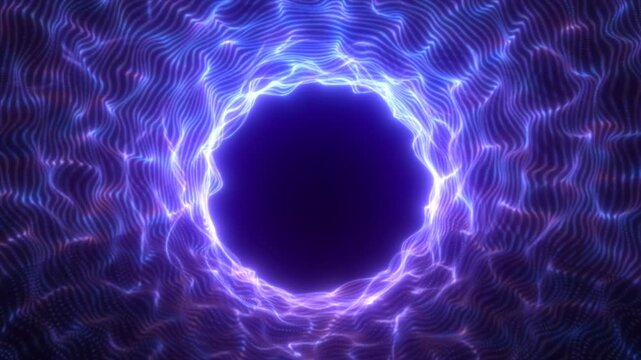 Centrally framed purple light vortex with glowing waveforms radiating outward in a symmetrical abstract pattern