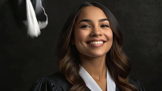 Portrait d'une dipl&ocirc;m&eacute;e qui lance son chapeau en l'air. Femme hispanique souriante le jour de sa graduation | IA / AI 