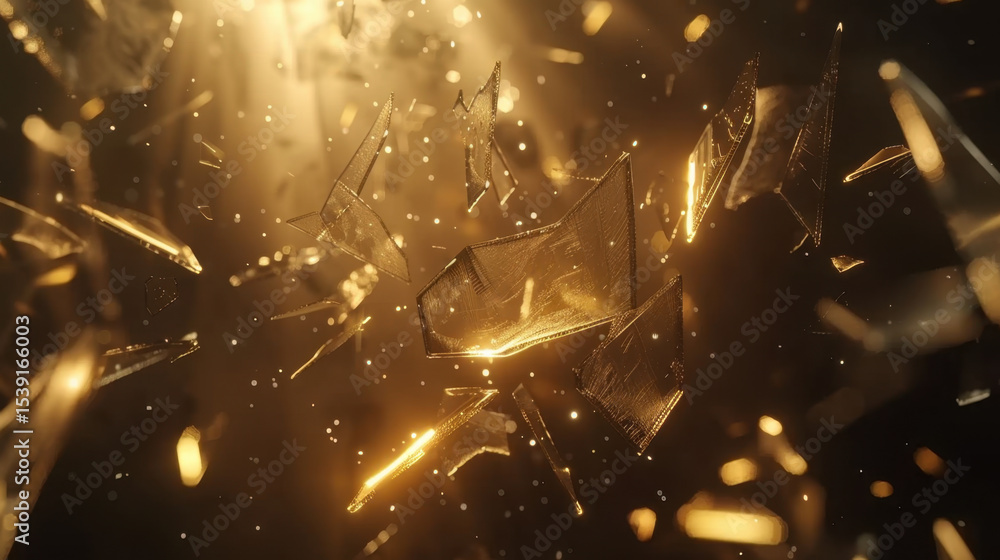 Poster exploding abstract glass shards floating in space create mesmerizing visual effect, illuminated by g