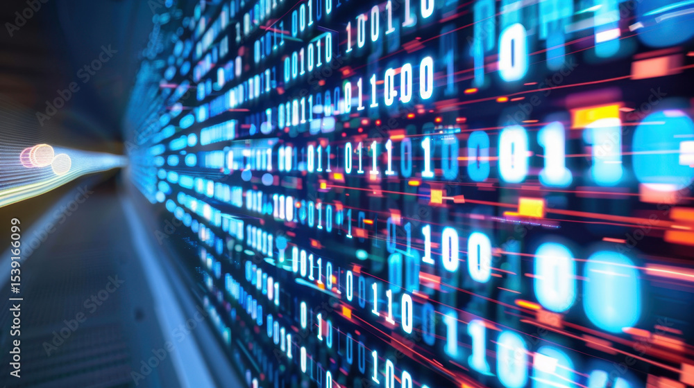 Poster vibrant digital tunnel filled with binary code, representing data flow and technology. luminous colo