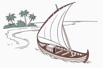 Hand Drawn Boat Sailing Through Tropical Waters Surrounded by Palm Trees on a Sunny Day in a Minimalist Style