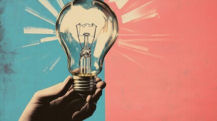 A hand holding a glowing light bulb, representing creativity and innovation, contrasts against a colorful backdrop, symbolizing new ideas and bright possibilities for the future.