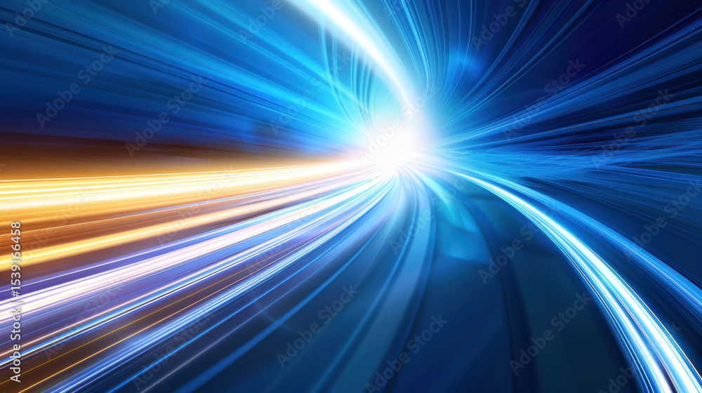 Poster futuristic glowing light trails create dynamic and vibrant tunnel effect, evoking sense of speed and