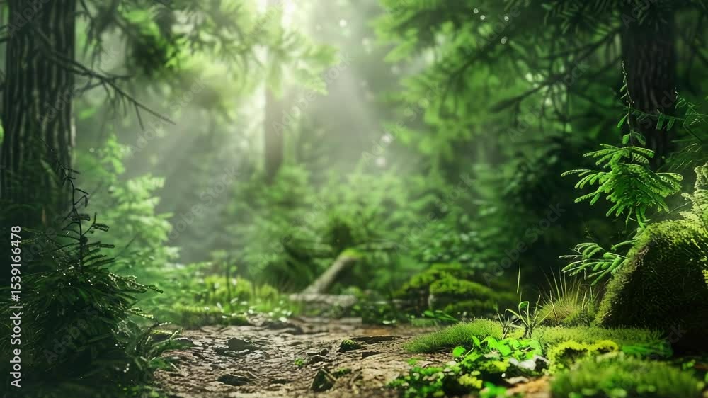 Poster winding path through verdant forest with tall trees and ferns