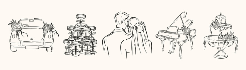 Hand drawn wedding celebration moments. Champagne, couple, getaway car for ceremony cards, menus, romantic event branding. Elegant ink sketch style.