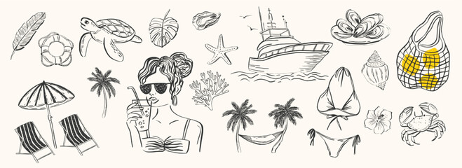 Whimsical Italian summer illustration set. Hand-drawn vector elements inspired by Amalfi coast life — beach, sea, boats, fruits, fashion. Perfect for seaside wedding, picnic, party invitations.