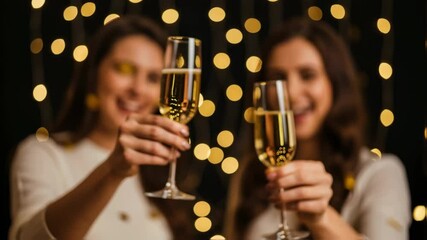 Two smiling women are joyfully clinking champagne glasses in celebration of New Years Eve, surrounded by vibrant confetti and soft bokeh lights, creating a festive atmosphere of happiness and together - Powered by Adobe