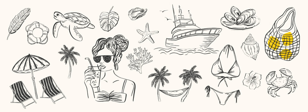 Whimsical Italian summer illustration set. Hand-drawn vector elements inspired by Amalfi coast life &mdash; beach, sea, boats, fruits, fashion. Perfect for seaside wedding, picnic, party invitations.