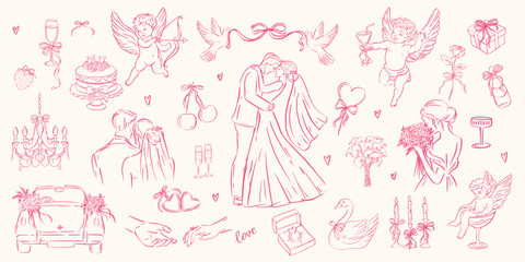 Hand drawn whimsical wedding and love doodles. Cupids, gifts, bride and groom, doves, swans, rings for bridal stationery, party prints. Romantic pink sketch style.