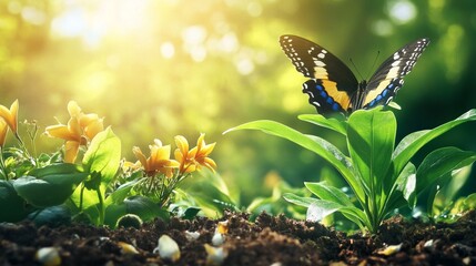 A vibrant butterfly rests delicately on lush green leaves, surrounded by beautiful yellow flowers, illuminated by a warm, glowing sunlight, capturing the essence of nature's harmony.