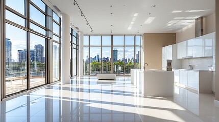 Spacious modern kitchen with an open layout and large windows offering stunning city skyline views, ideal for contemporary living and creative interior designs.