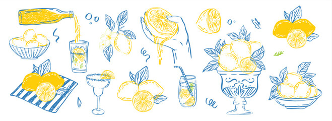 Hand drawn Italian limoncello, fresh lemons, juice squeeze, summer drinks, bowl fruits. Whimsical Mediterranean sketch set for summer branding, party decor, wedding prints. © VirinaDesign