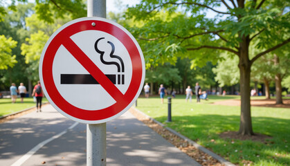 No smoking sign in park surrounded by trees on sunny day  